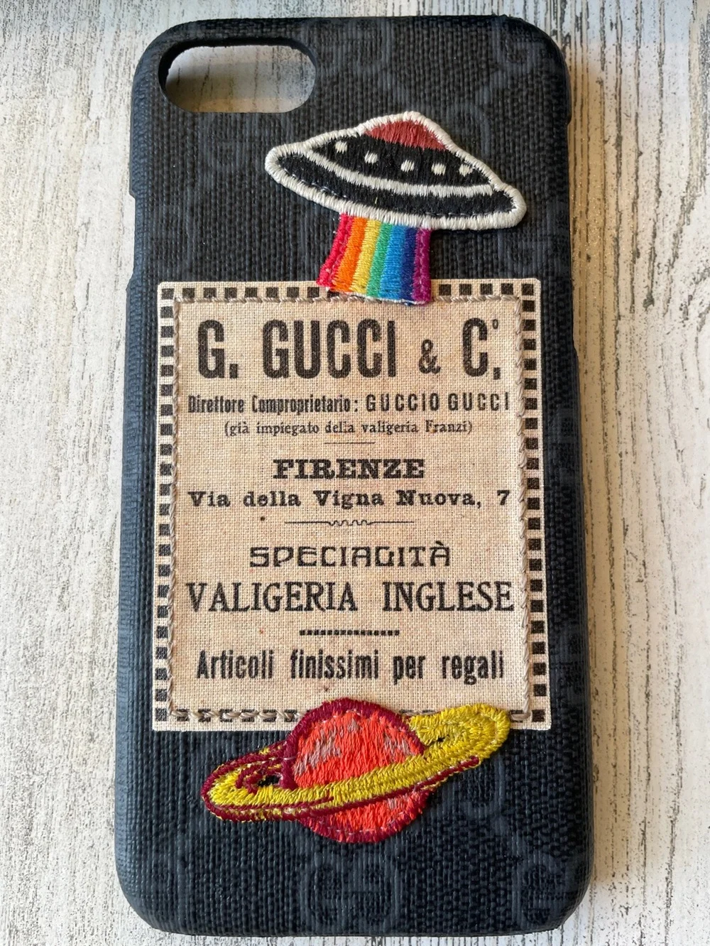 Gucci Black Embroidered UFO & Planet Patch GG IPhone 7/8/SE Case NEW